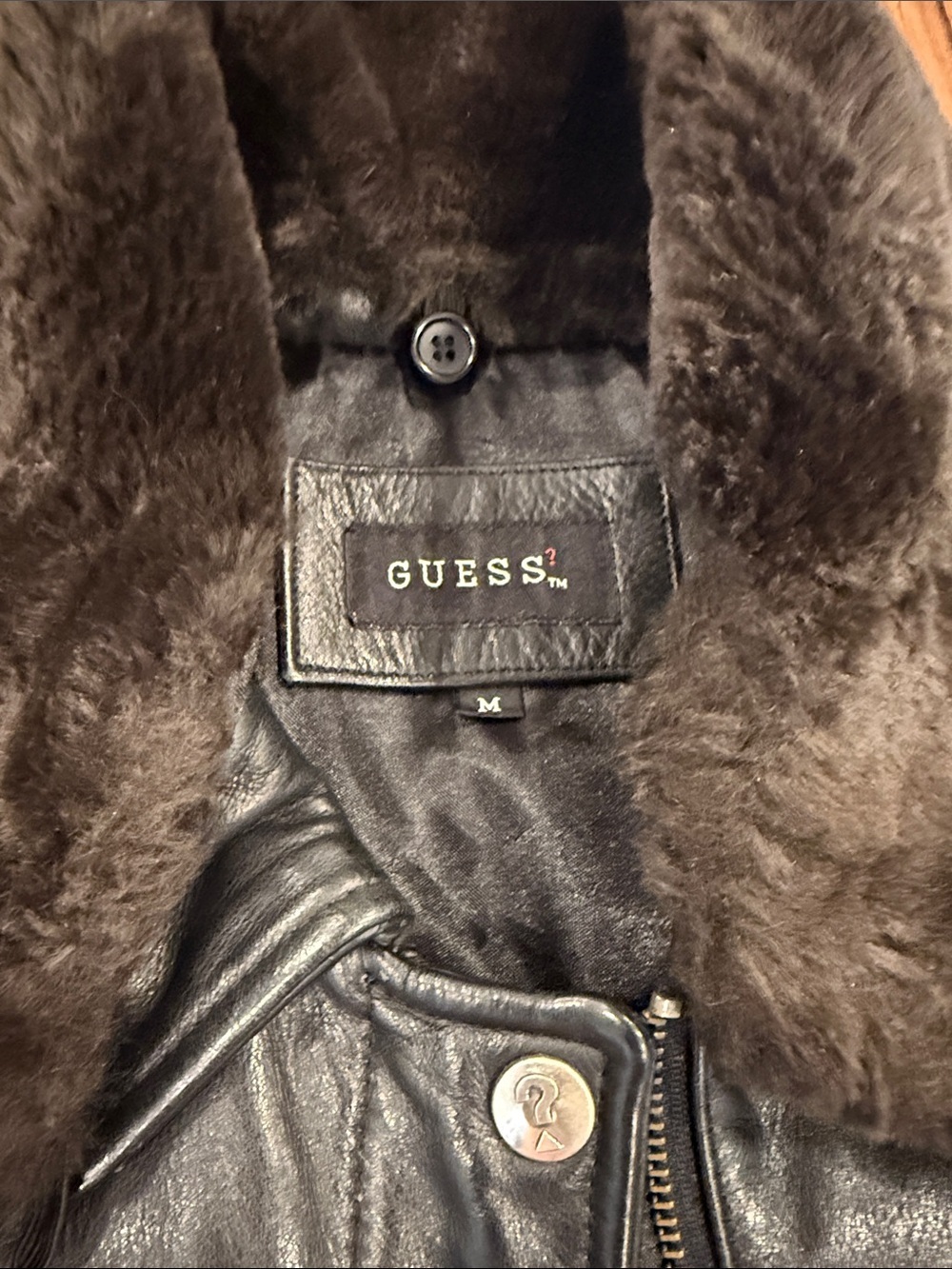 ✨GUESS? Vintage Faux Fur Trim Leather Bomber Jacket Medium